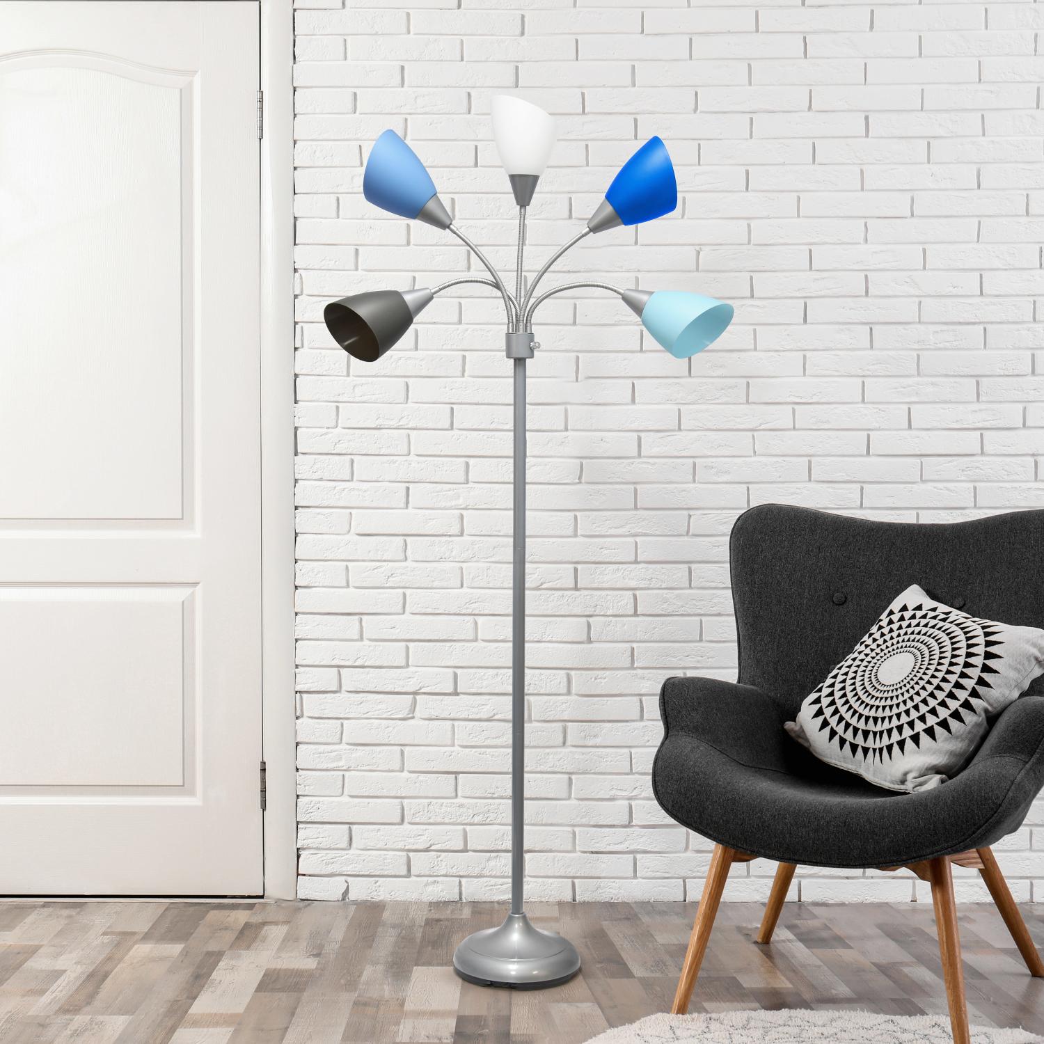 All The Rages 67" Silver 5-Light Adjustable Gooseneck Floor Lamp With Blue, White & Gray Shades