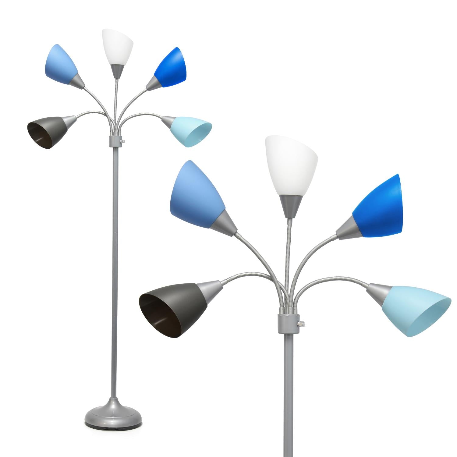 All The Rages 67" Silver 5-Light Adjustable Gooseneck Floor Lamp With Blue, White & Gray Shades