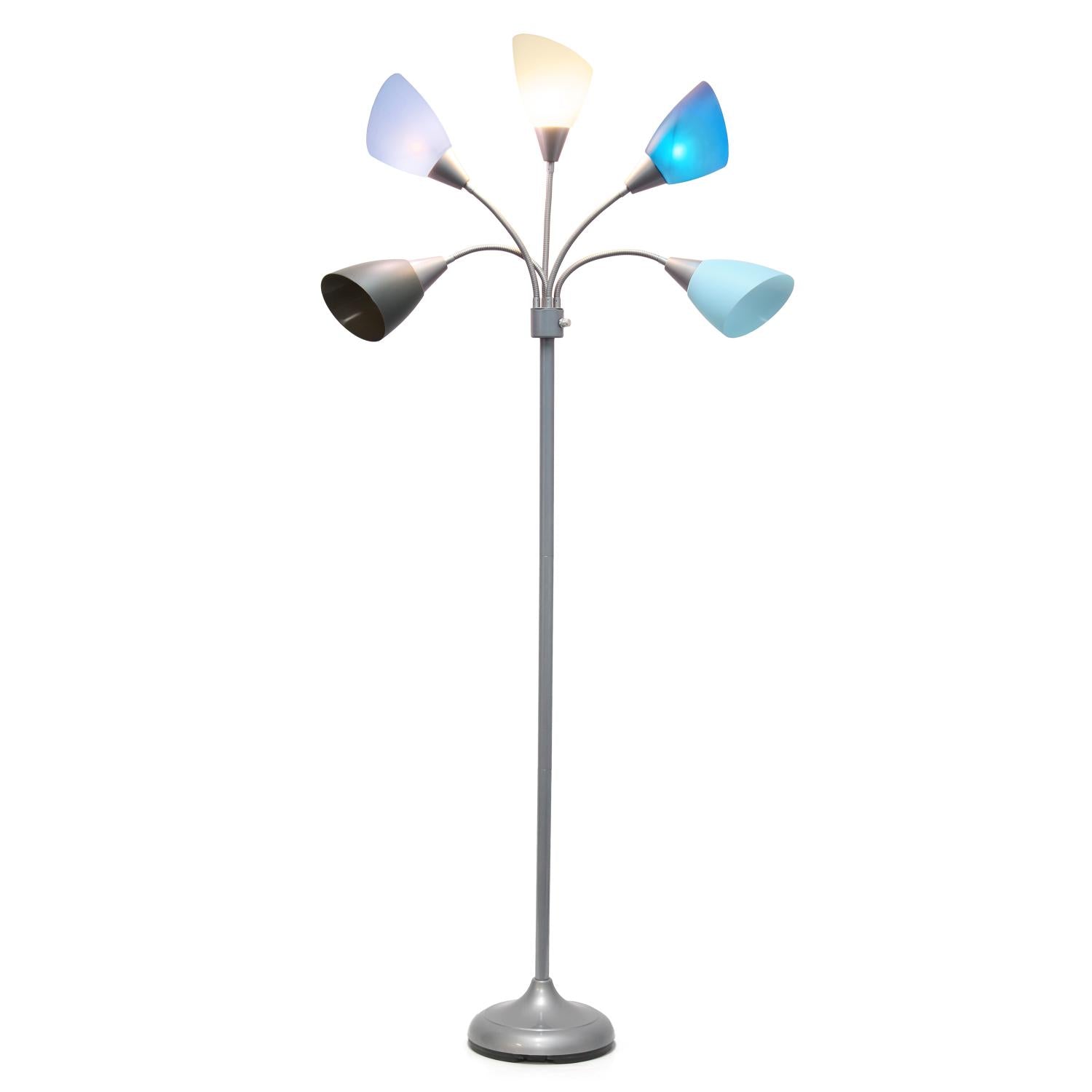 All The Rages 67" Silver 5-Light Adjustable Gooseneck Floor Lamp With Blue, White & Gray Shades
