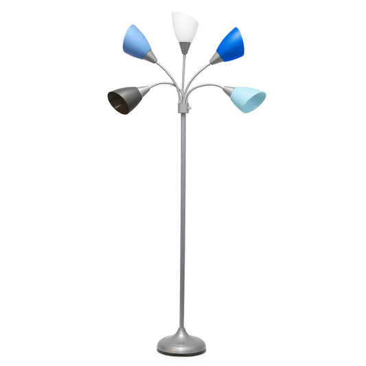 All The Rages 67" Silver 5-Light Adjustable Gooseneck Floor Lamp With Blue, White & Gray Shades