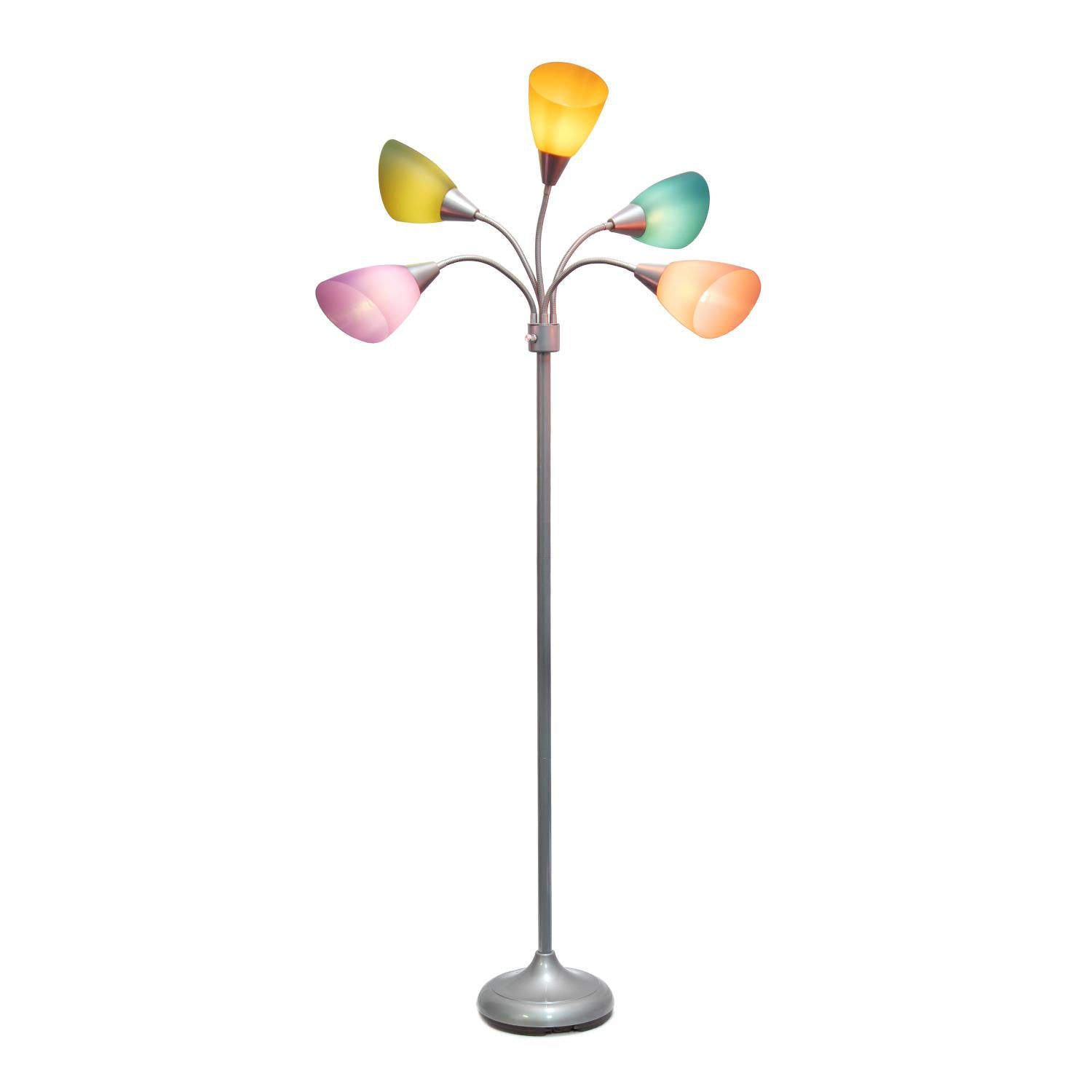 All The Rages 67" Silver 5-Light Adjustable Gooseneck Floor Lamp With Shades In Green, Lilac, Coral, Teal & Pink