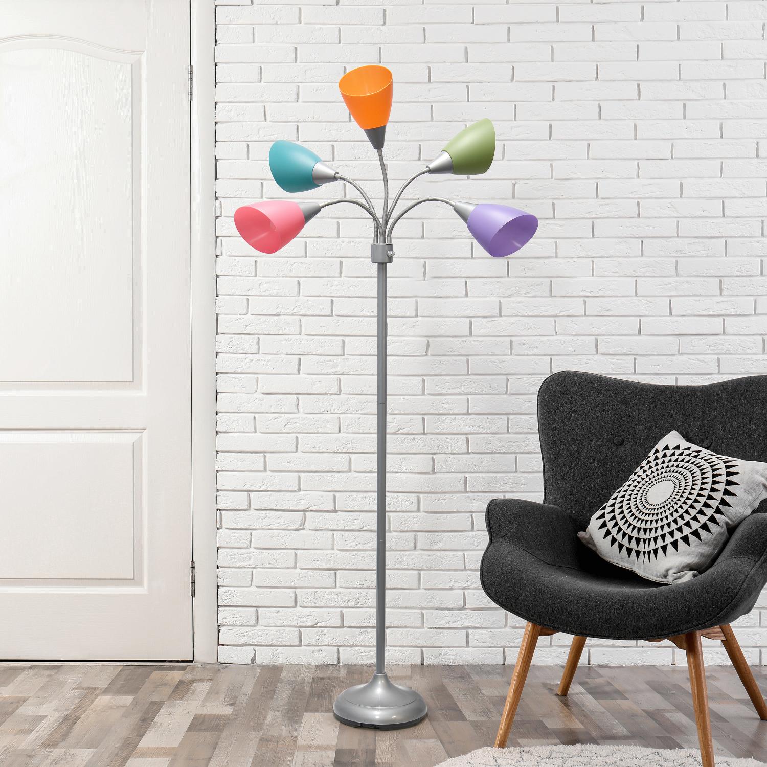 All The Rages 67" Silver 5-Light Adjustable Gooseneck Floor Lamp With Shades In Green, Lilac, Coral, Teal & Pink