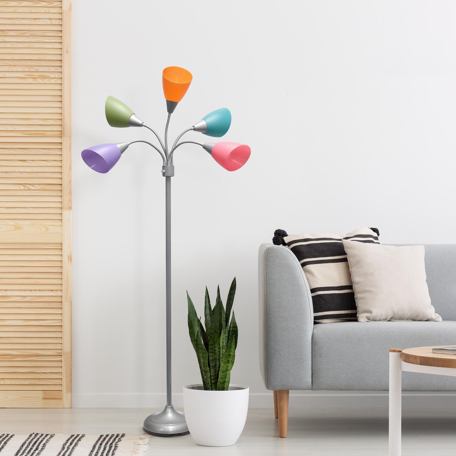 All The Rages 67" Silver 5-Light Adjustable Gooseneck Floor Lamp With Shades In Green, Lilac, Coral, Teal & Pink