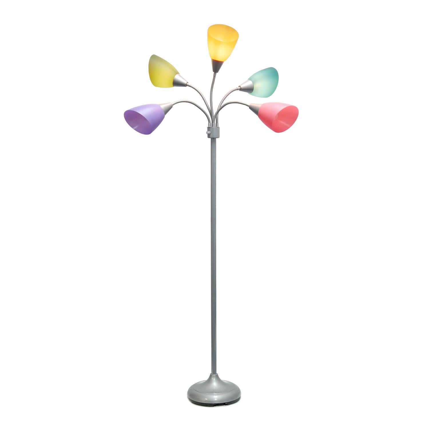 All The Rages 67" Silver 5-Light Adjustable Gooseneck Floor Lamp With Shades In Green, Lilac, Coral, Teal & Pink