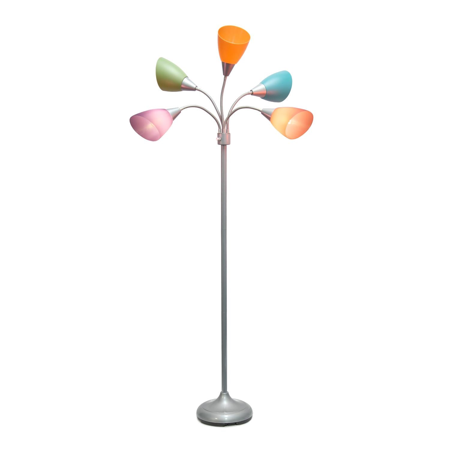 All The Rages 67" Silver 5-Light Adjustable Gooseneck Floor Lamp With Shades In Green, Lilac, Coral, Teal & Pink