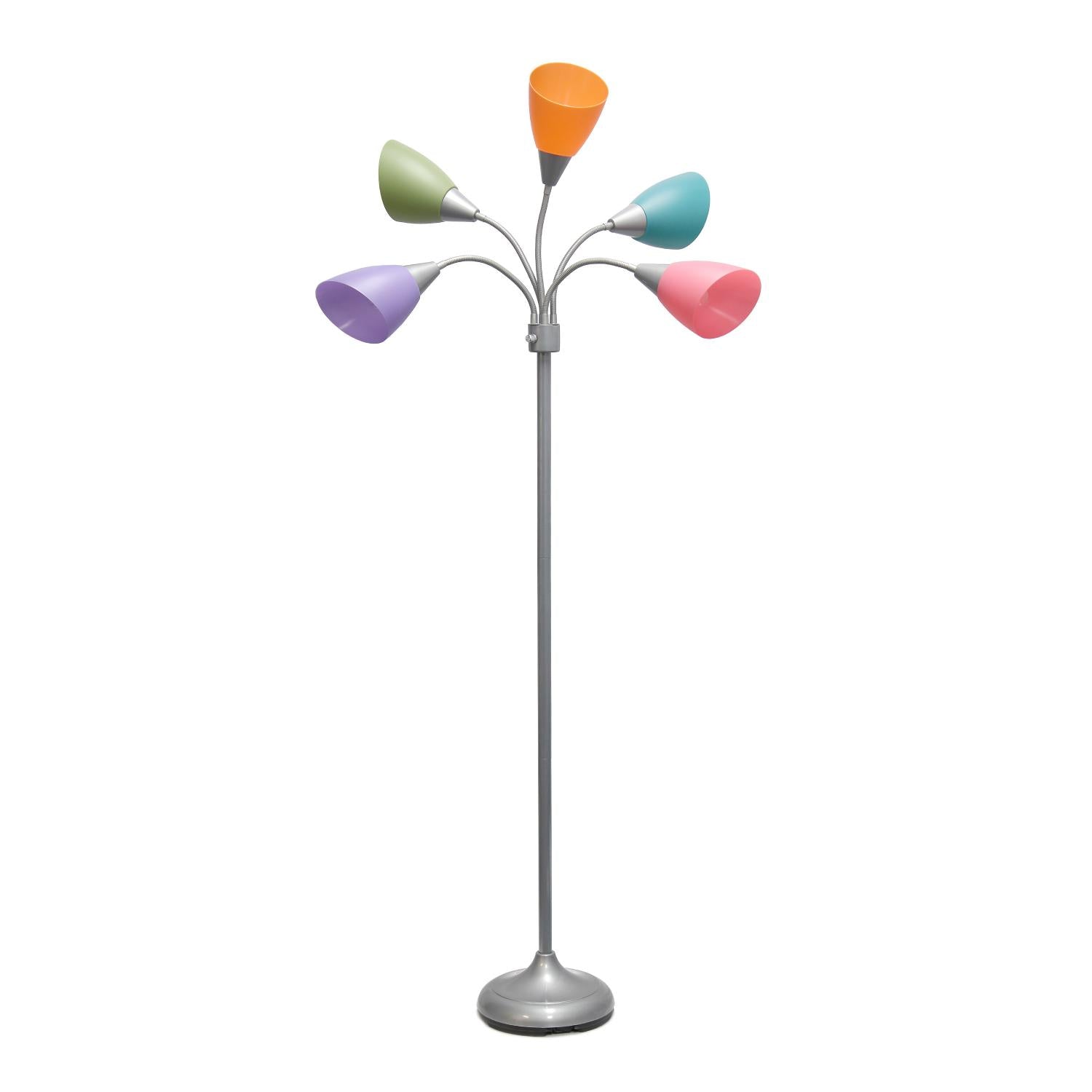 All The Rages 67" Silver 5-Light Adjustable Gooseneck Floor Lamp With Shades In Green, Lilac, Coral, Teal & Pink