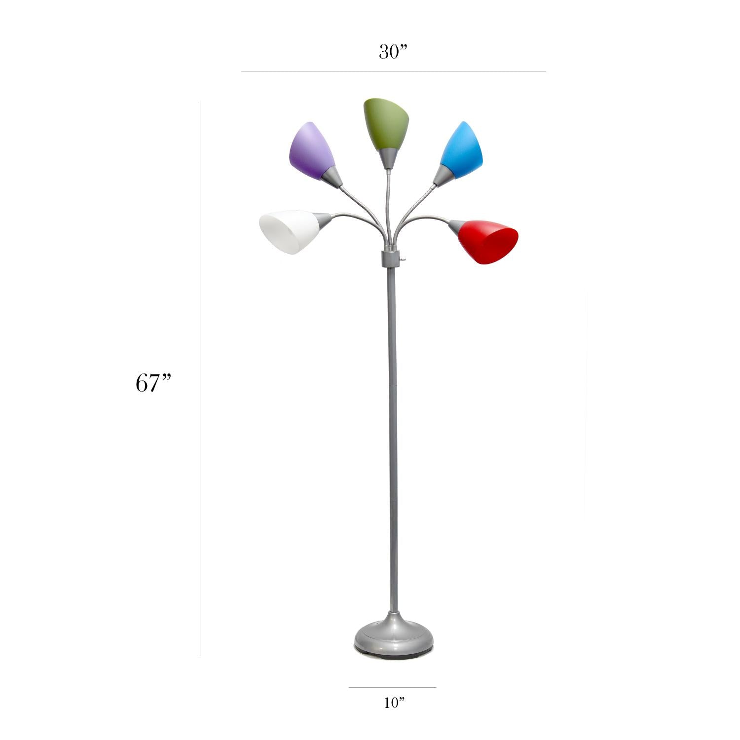 All The Rages 67" Silver 5-Light Adjustable Gooseneck Floor Lamp With Shades In White, Blue, Purple, Green & Red