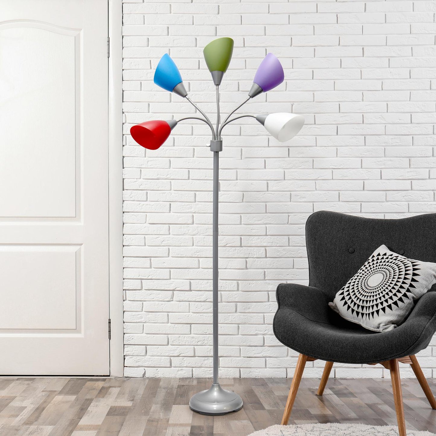 All The Rages 67" Silver 5-Light Adjustable Gooseneck Floor Lamp With Shades In White, Blue, Purple, Green & Red