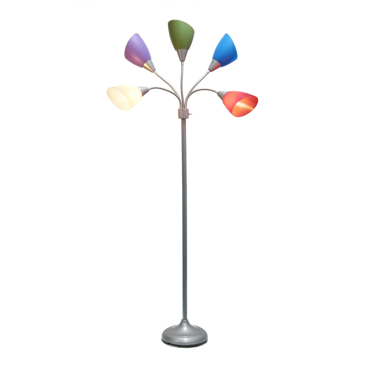 All The Rages 67" Silver 5-Light Adjustable Gooseneck Floor Lamp With Shades In White, Blue, Purple, Green & Red