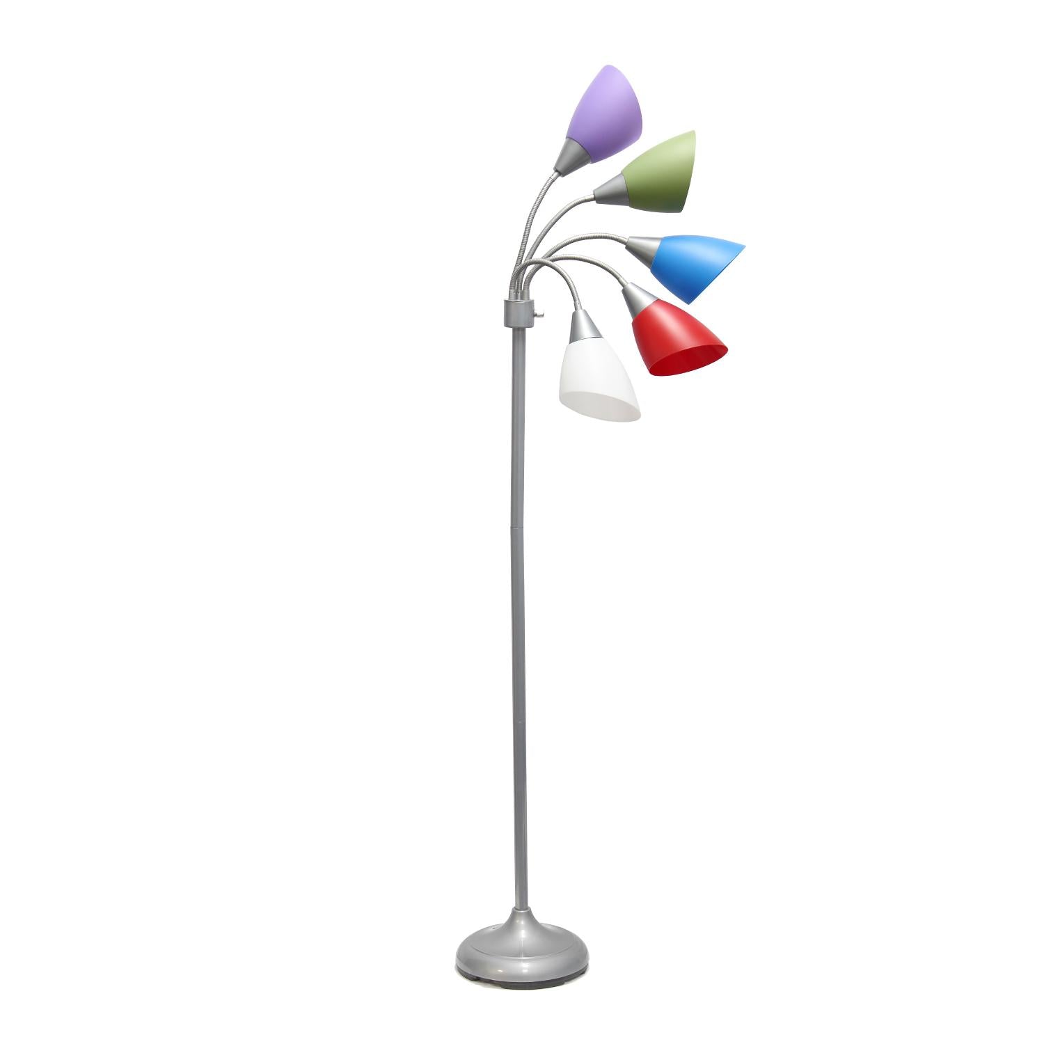 All The Rages 67" Silver 5-Light Adjustable Gooseneck Floor Lamp With Shades In White, Blue, Purple, Green & Red