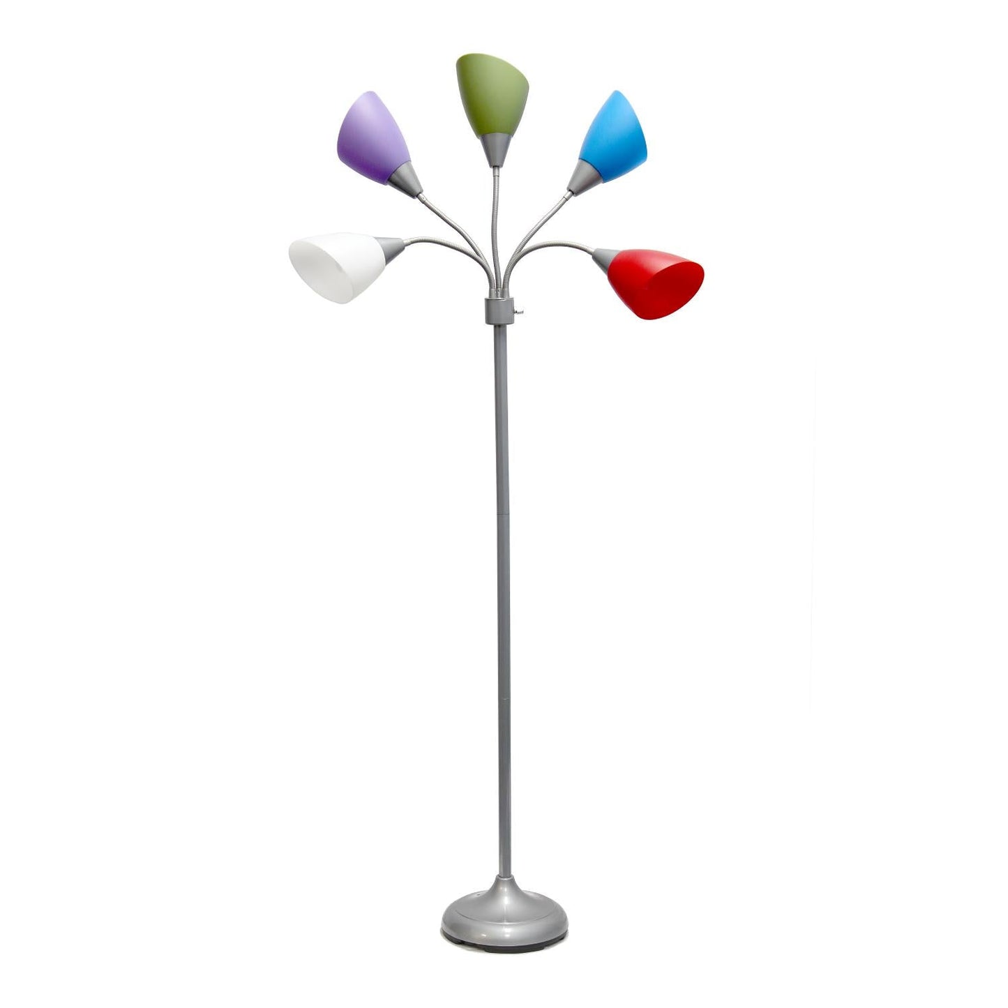 All The Rages 67" Silver 5-Light Adjustable Gooseneck Floor Lamp With Shades In White, Blue, Purple, Green & Red