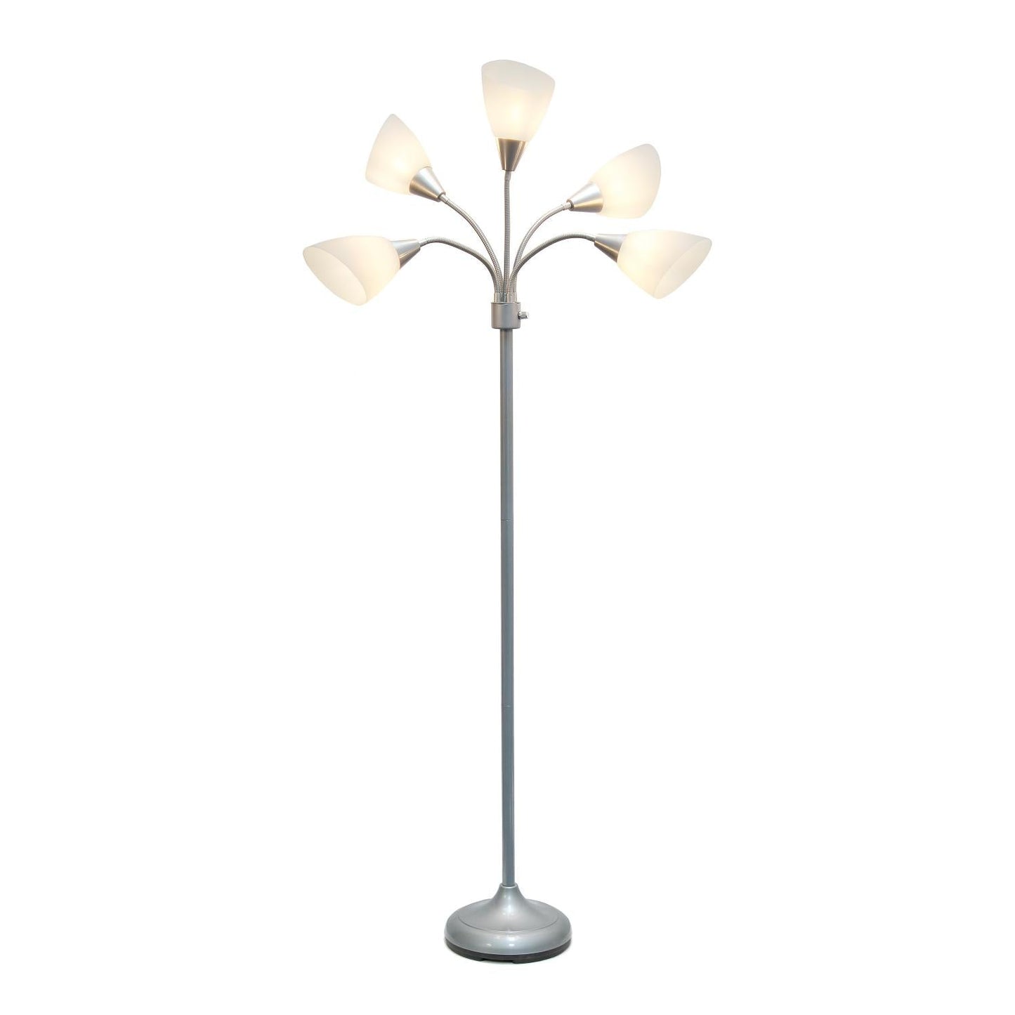 All The Rages 67" Silver 5-Light Adjustable Gooseneck Floor Lamp With White Shades