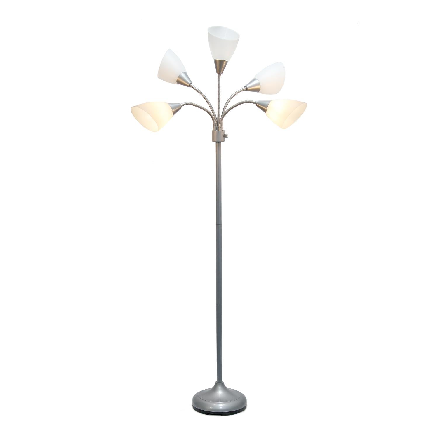 All The Rages 67" Silver 5-Light Adjustable Gooseneck Floor Lamp With White Shades