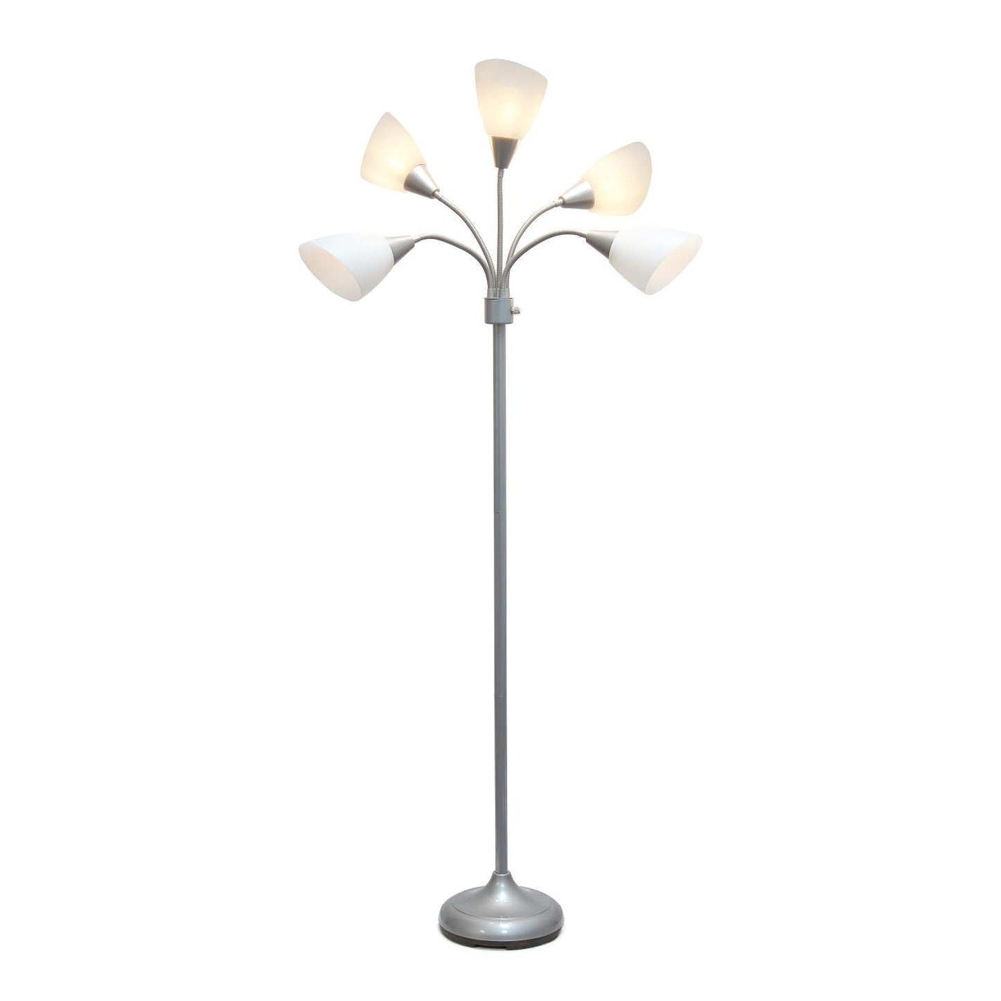 All The Rages 67" Silver 5-Light Adjustable Gooseneck Floor Lamp With White Shades