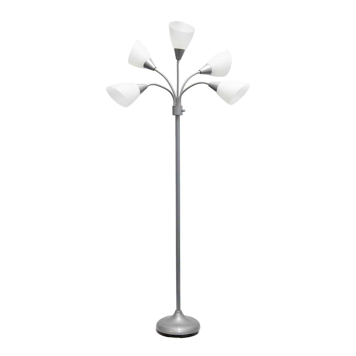 All The Rages 67" Silver 5-Light Adjustable Gooseneck Floor Lamp With White Shades