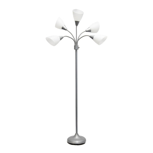 All The Rages 67" Silver 5-Light Adjustable Gooseneck Floor Lamp With White Shades