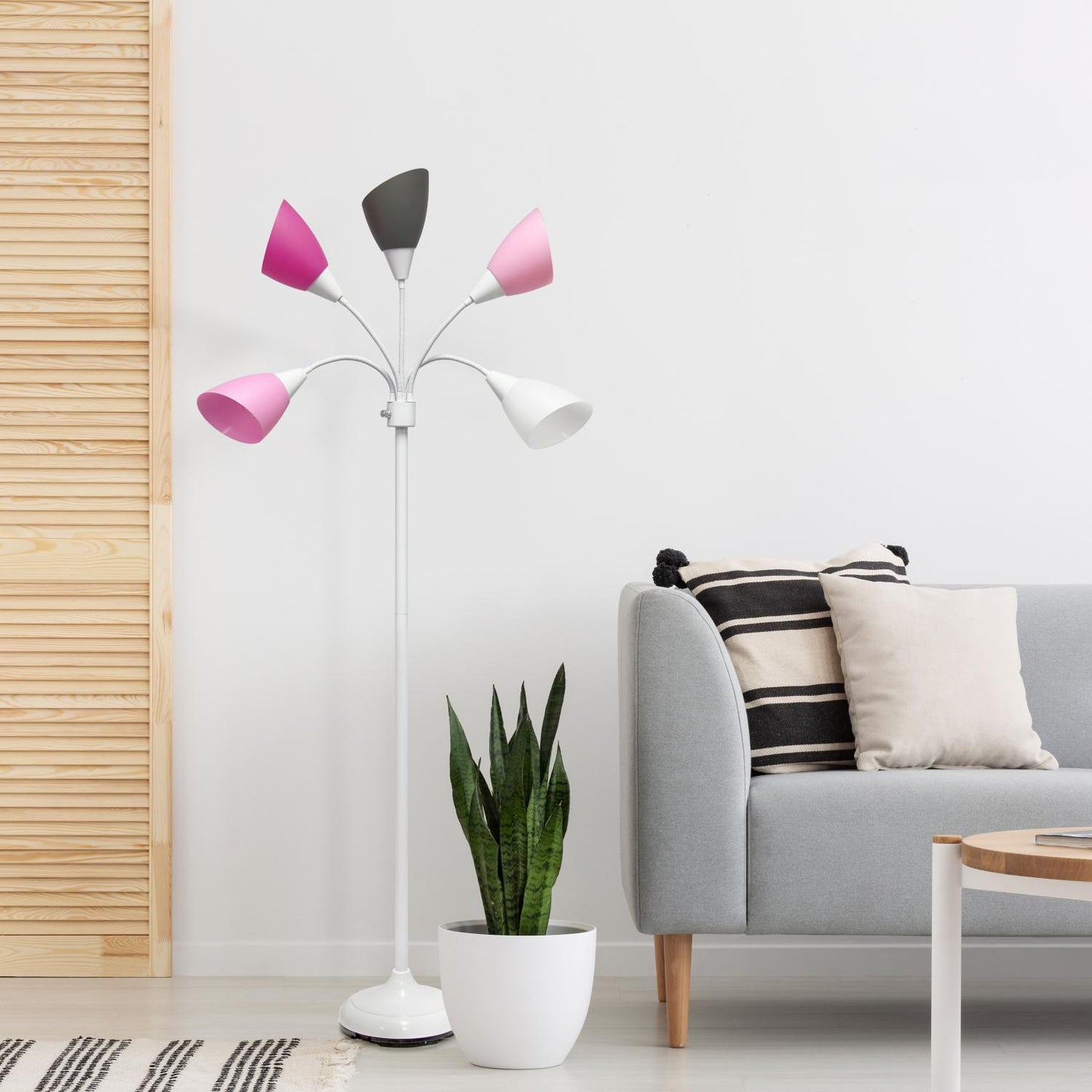 All The Rages 67" White 5-Light Adjustable Gooseneck Floor Lamp With Pink, White & Gray Shades