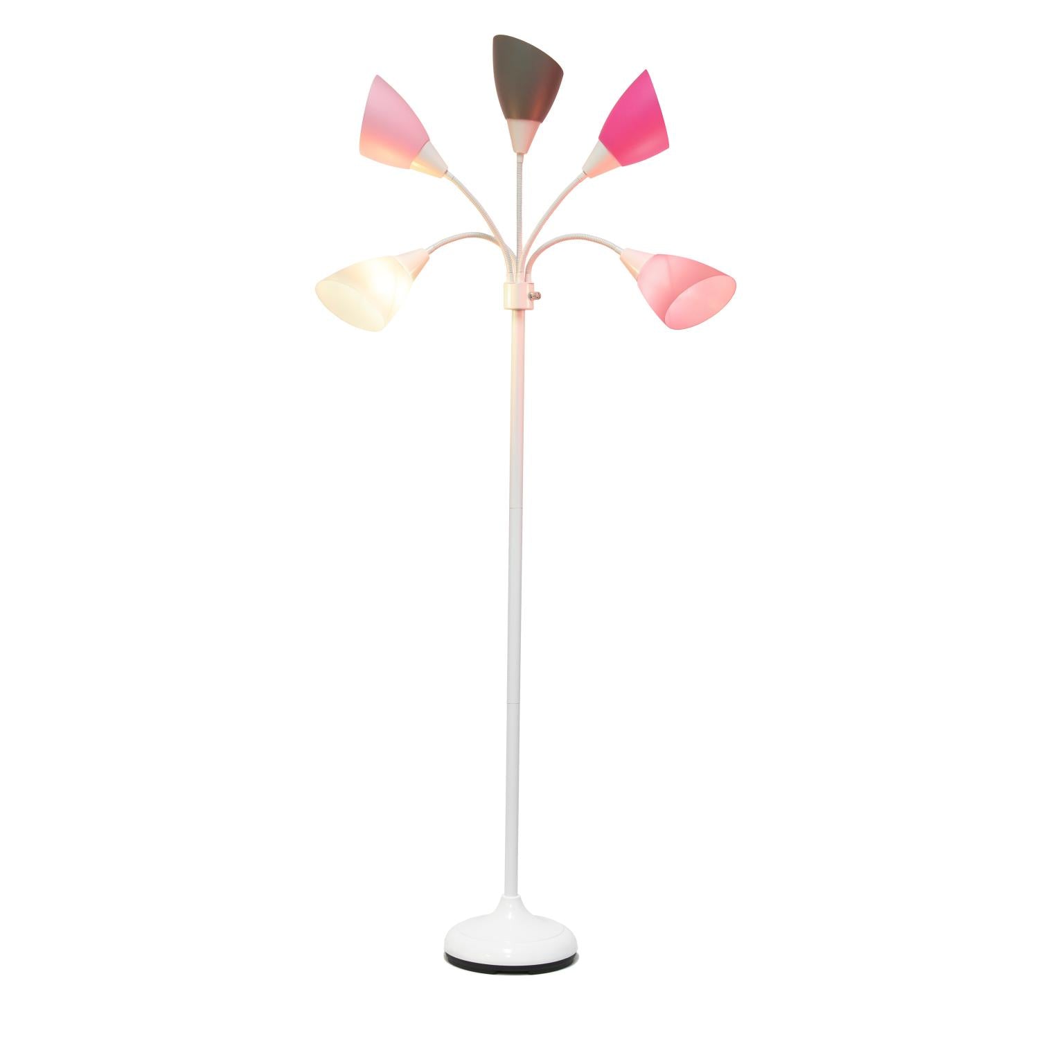 All The Rages 67" White 5-Light Adjustable Gooseneck Floor Lamp With Pink, White & Gray Shades