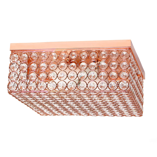 All The Rages Elegant Designs 12" Rose Gold Finish Elipse Crystal 2-Light Square Ceiling Flush Mount Lamp