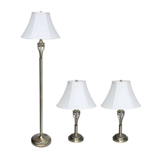 All The Rages Elegant Designs Antique Brass Finish 3-Piece Lamp Set With 2 Table Lamps & 1 Floor Lamp