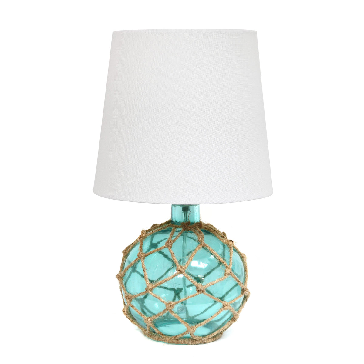 All The Rages Elegant Designs Aqua Finish And White Fabric Shade Buoy Rope Nautical Netted Coastal Ocean Sea Glass Table Lamp