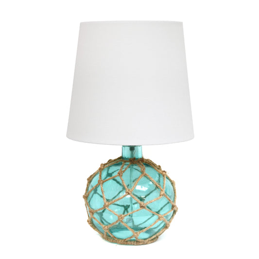 All The Rages Elegant Designs Aqua Finish And White Fabric Shade Buoy Rope Nautical Netted Coastal Ocean Sea Glass Table Lamp