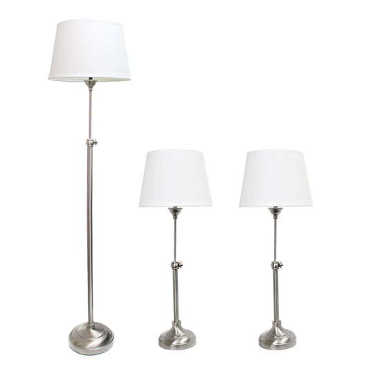 All The Rages Elegant Designs Brushed Nickel Finish Adjustable 3-Piece Lamp Set With 2 Table Lamps & 1 Floor Lamp