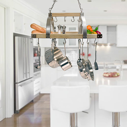 All The Rages Elegant Designs Brushed Nickel & Wood 2-Light Kitchen Pot Rack With Downlights