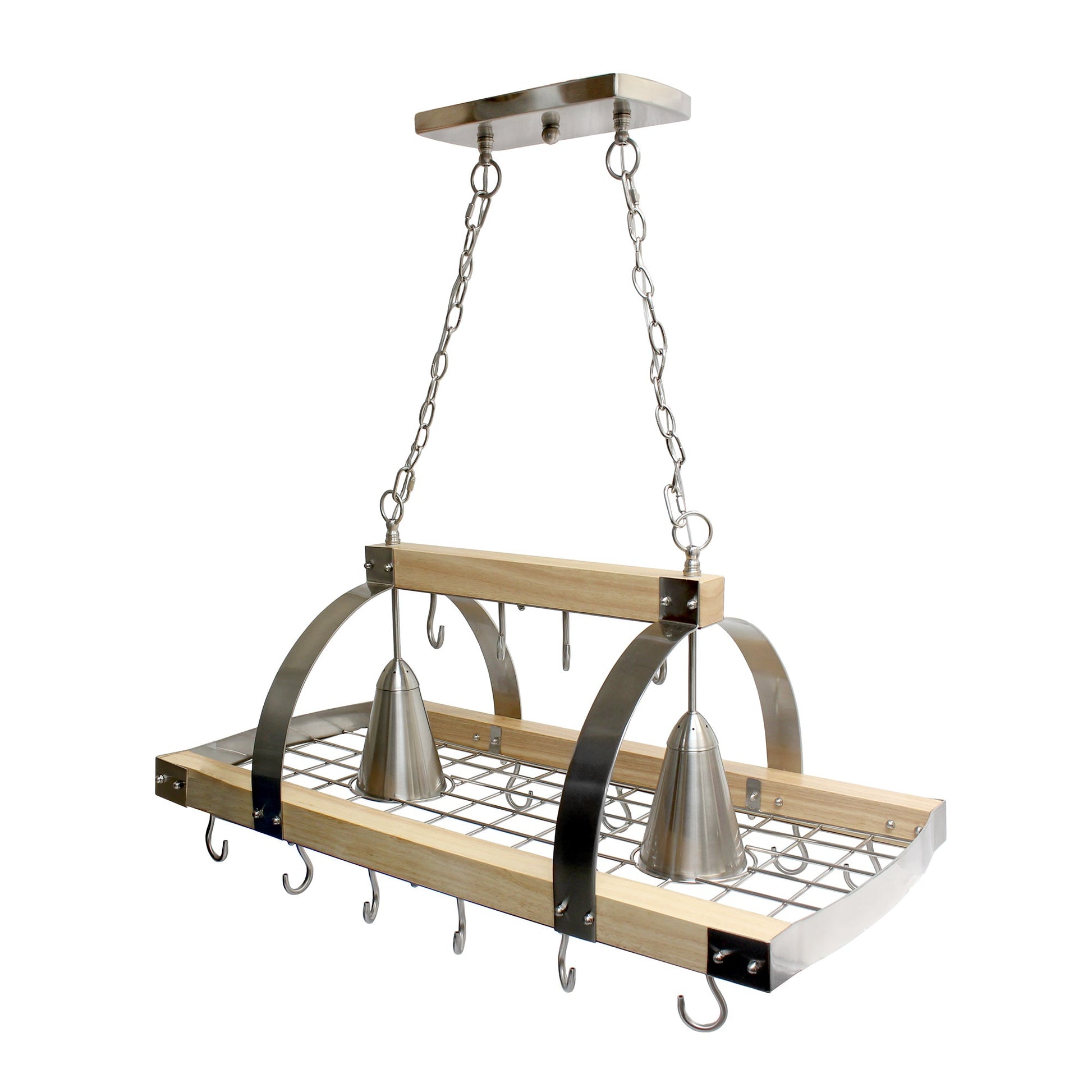All The Rages Elegant Designs Brushed Nickel & Wood 2-Light Kitchen Pot Rack With Downlights