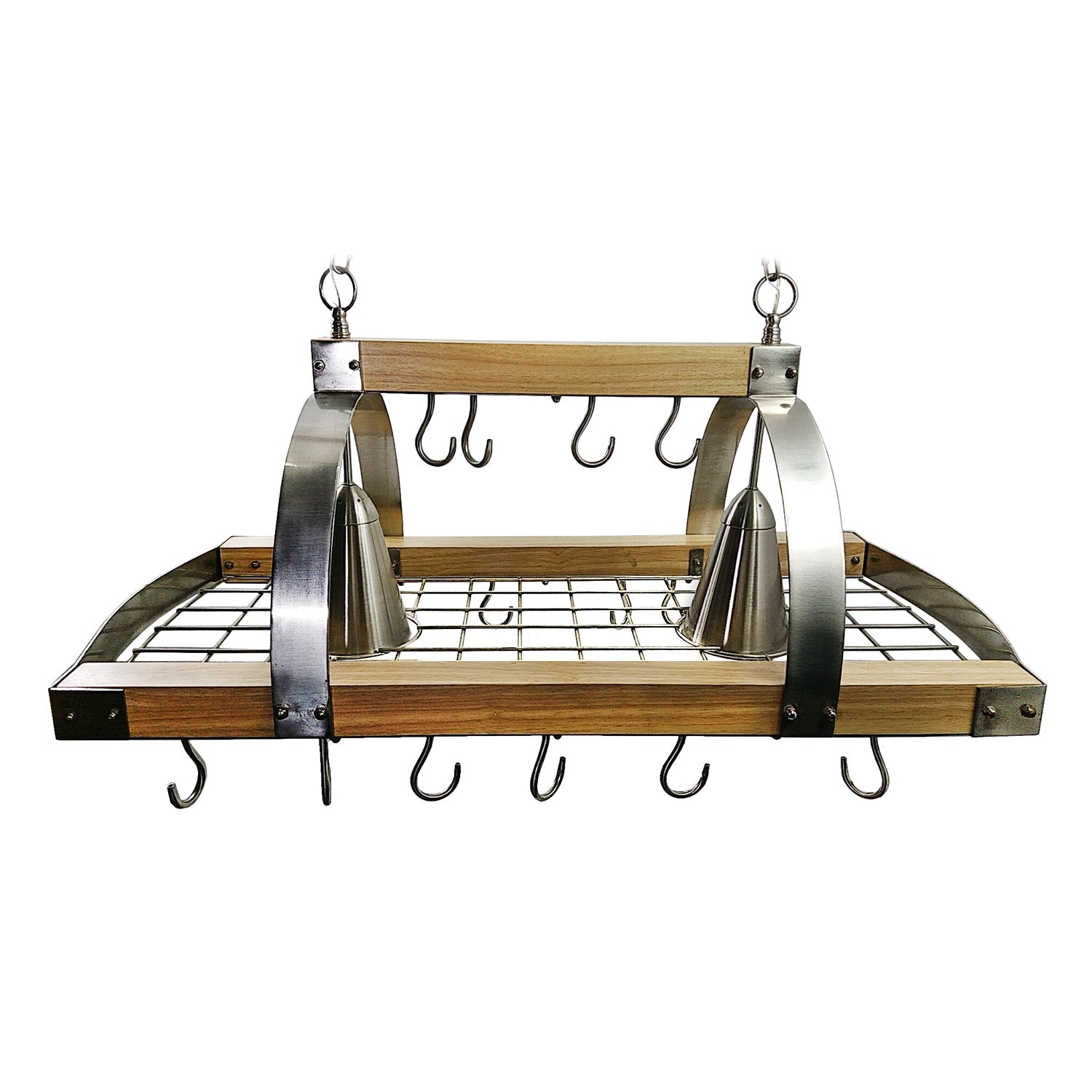 All The Rages Elegant Designs Brushed Nickel & Wood 2-Light Kitchen Pot Rack With Downlights