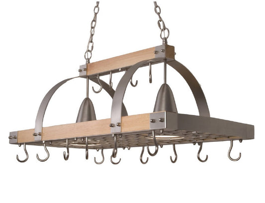 All The Rages Elegant Designs Brushed Nickel & Wood 2-Light Kitchen Pot Rack With Downlights