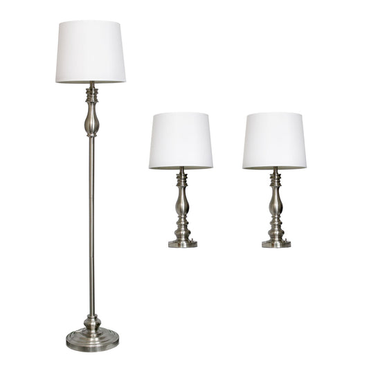 All The Rages Elegant Designs Brushed Steel Finish 3-Piece Lamp Set With 2 Table Lamps & 1 Floor Lamp