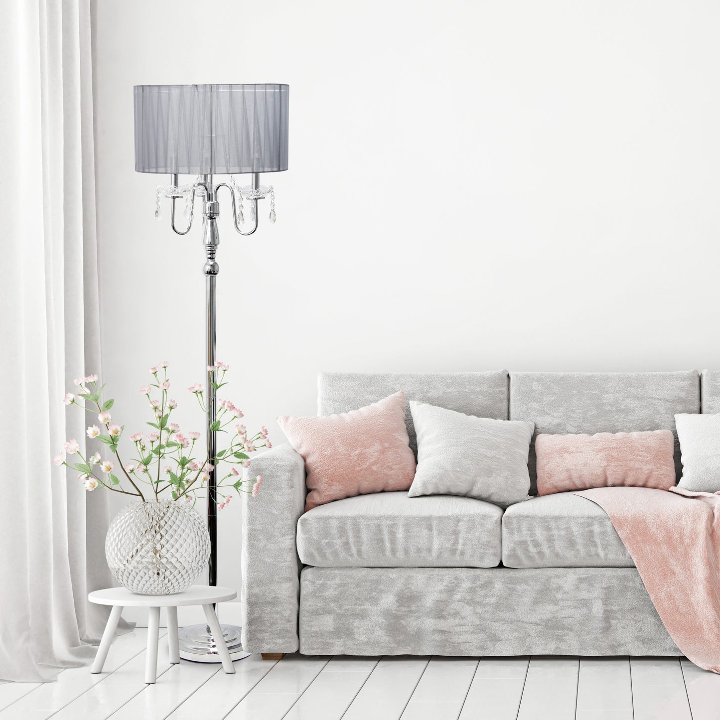 All The Rages Elegant Designs Drum Shade With Gray Romantic Cascading Crystal & Chrome Floor Lamp