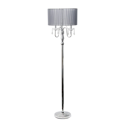 All The Rages Elegant Designs Drum Shade With Gray Romantic Cascading Crystal & Chrome Floor Lamp