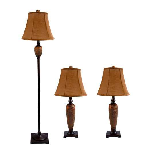 All The Rages Elegant Designs Hammered Bronze Finish 3-Piece Lamp Set With 2 Table Lamps & 1 Floor Lamp