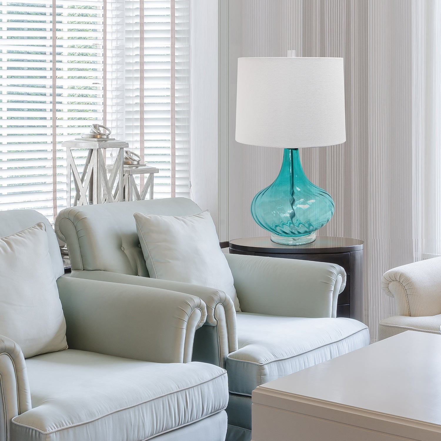 All The Rages Elegant Designs Light Blue Glass Table Lamp With White Fabric Shade