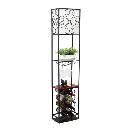 All The Rages Elegant Designs Linen Shade & Black Finish Etagere Organizer Wood Accented Storage Shelf & Wine Rack With Floor Lamp