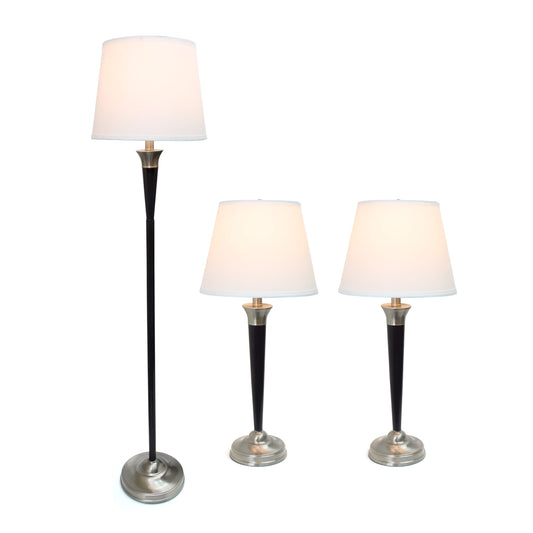 All The Rages Elegant Designs Malbec Black & Brushed Nickel Finish 3-Piece Lamp Set With 2 Table Lamps & 1 Floor Lamp