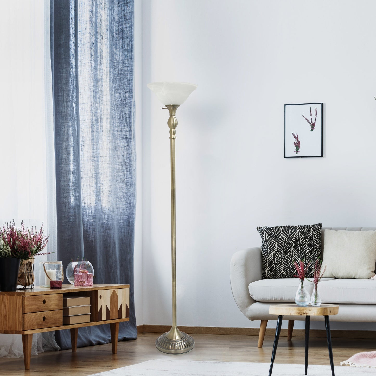 All The Rages Elegant Designs Marbleized White Glass Shade With Antique Brass Finish Torchiere Floor Lamp