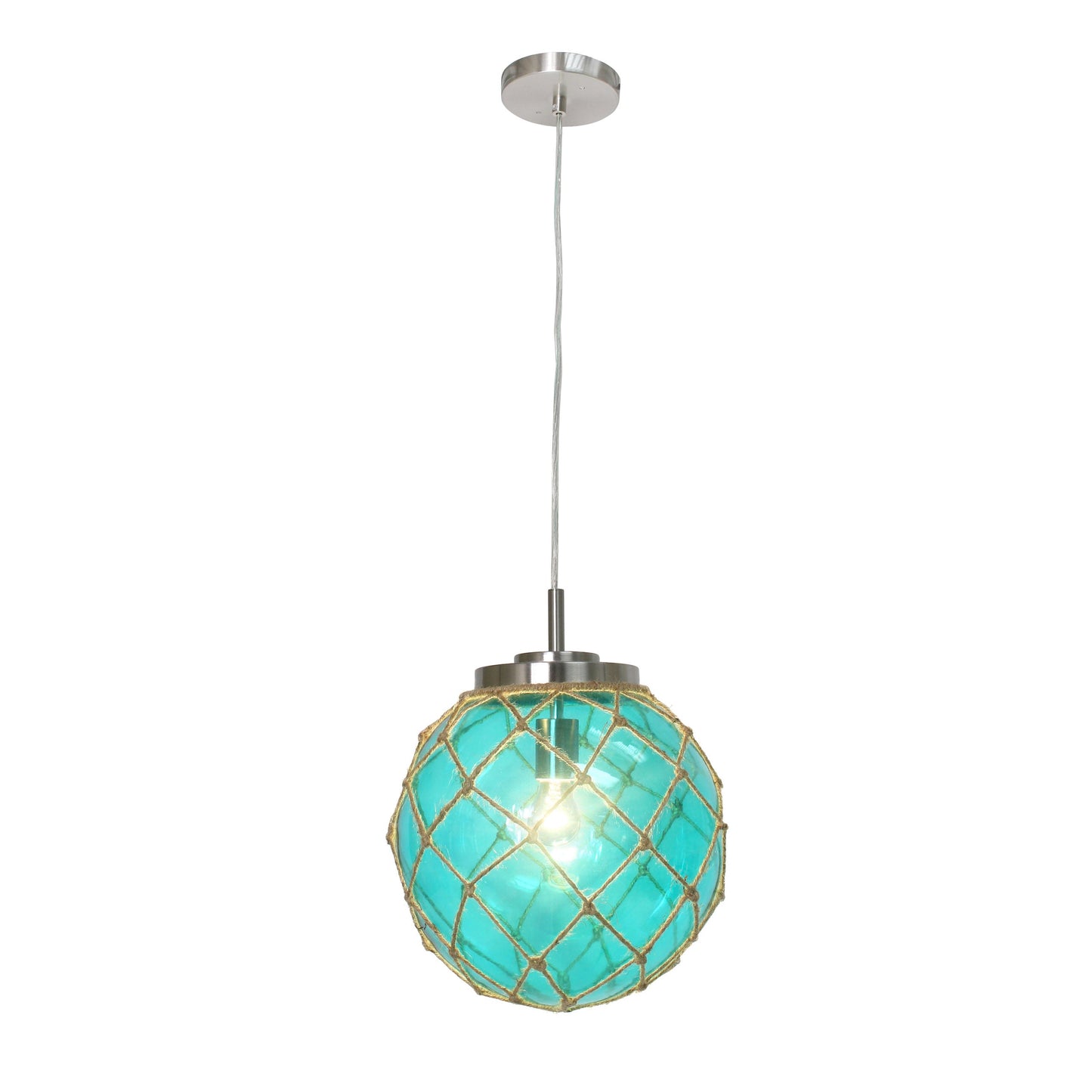 All The Rages Elegant Designs Ocean Sea Aqua Glass & Brushed Nickel Coastal Pendant Light With Buoy Netted Natural Rope
