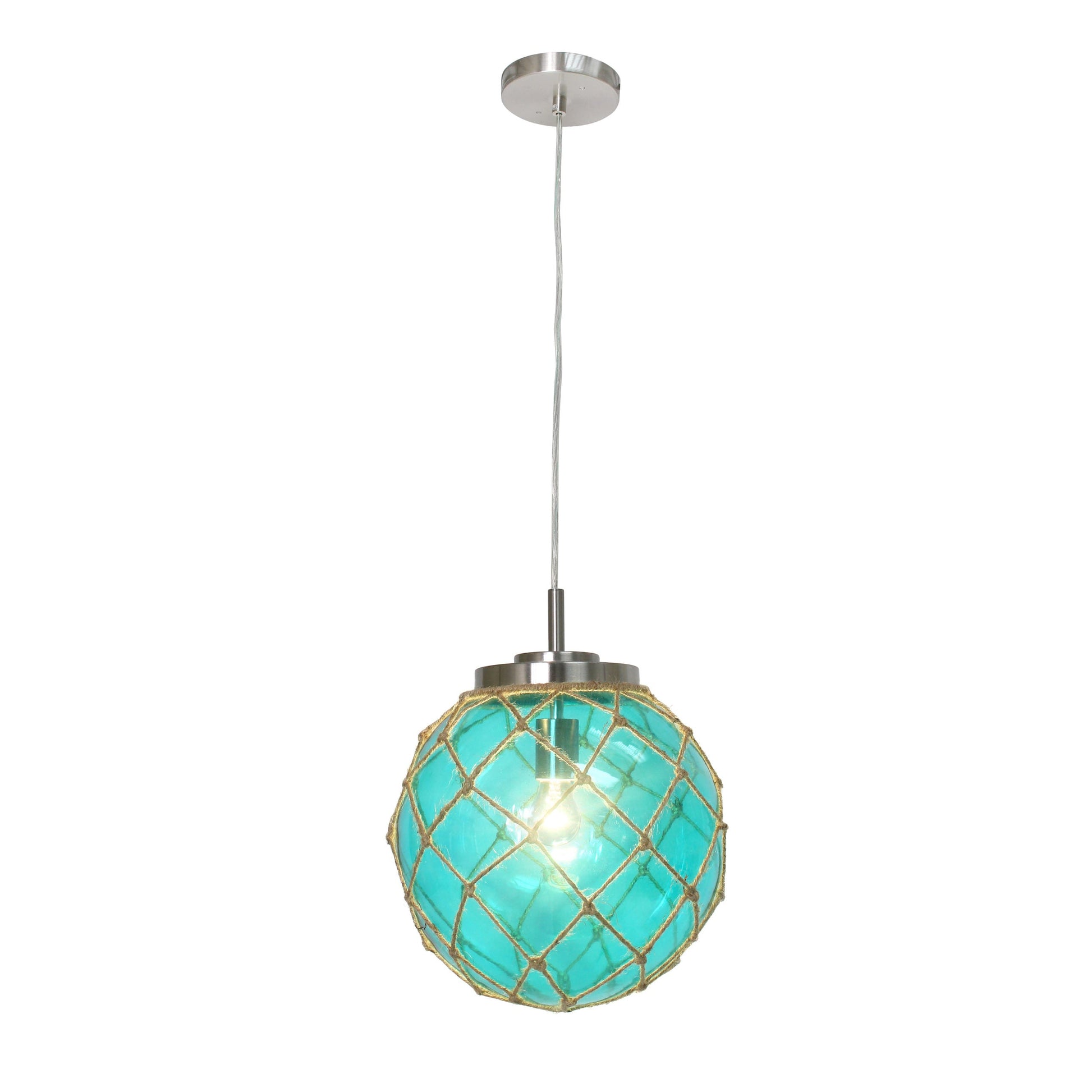 All The Rages Elegant Designs Ocean Sea Aqua Glass & Brushed Nickel Coastal Pendant Light With Buoy Netted Natural Rope