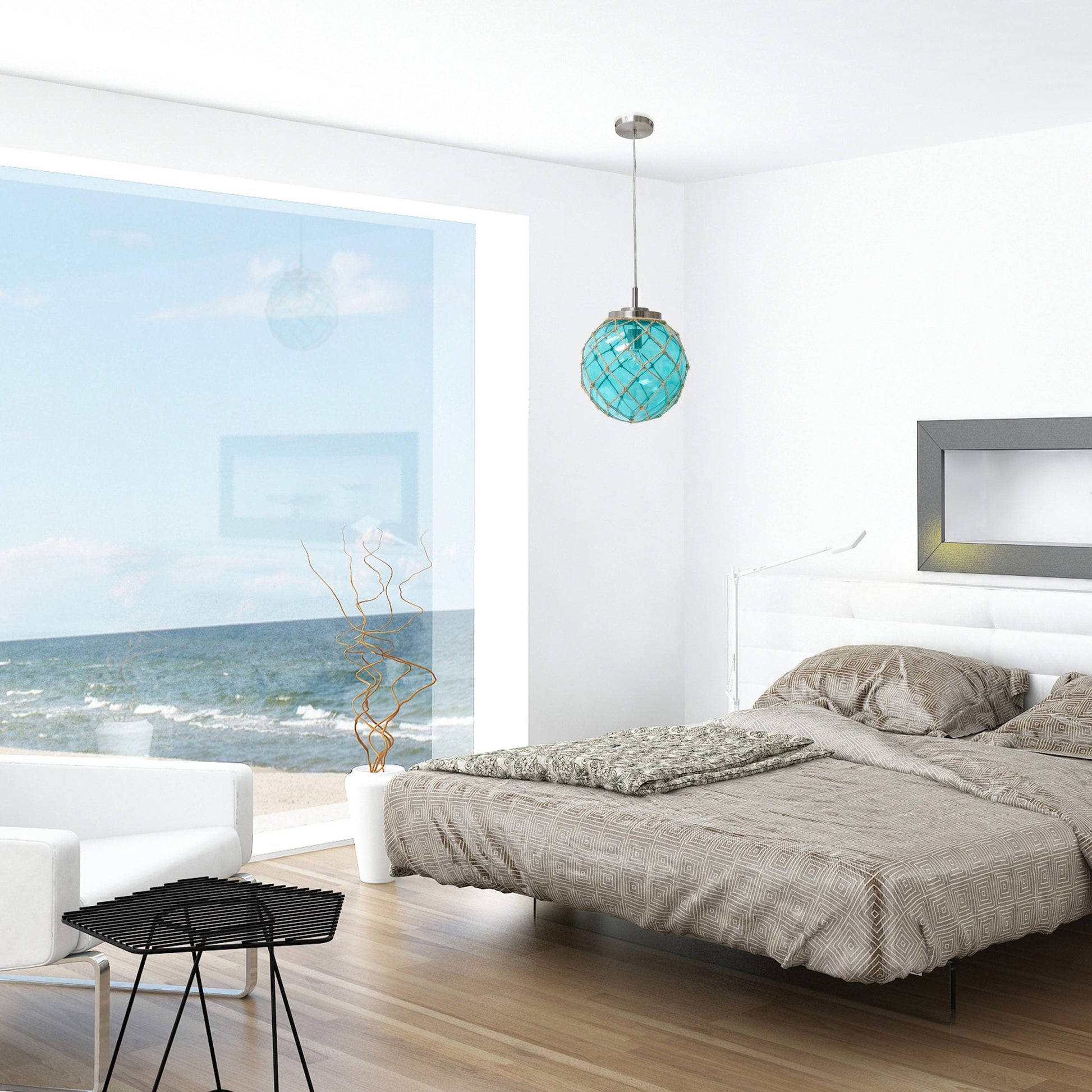 All The Rages Elegant Designs Ocean Sea Aqua Glass & Brushed Nickel Coastal Pendant Light With Buoy Netted Natural Rope