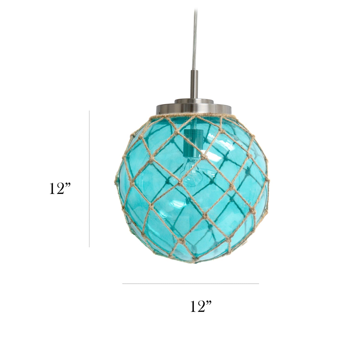 All The Rages Elegant Designs Ocean Sea Aqua Glass & Brushed Nickel Coastal Pendant Light With Buoy Netted Natural Rope