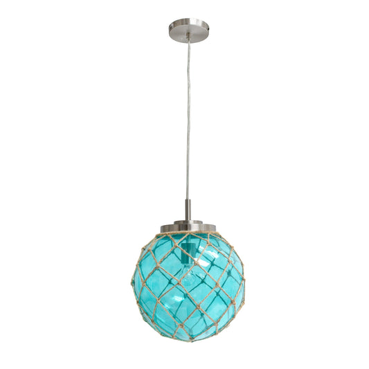 All The Rages Elegant Designs Ocean Sea Aqua Glass & Brushed Nickel Coastal Pendant Light With Buoy Netted Natural Rope
