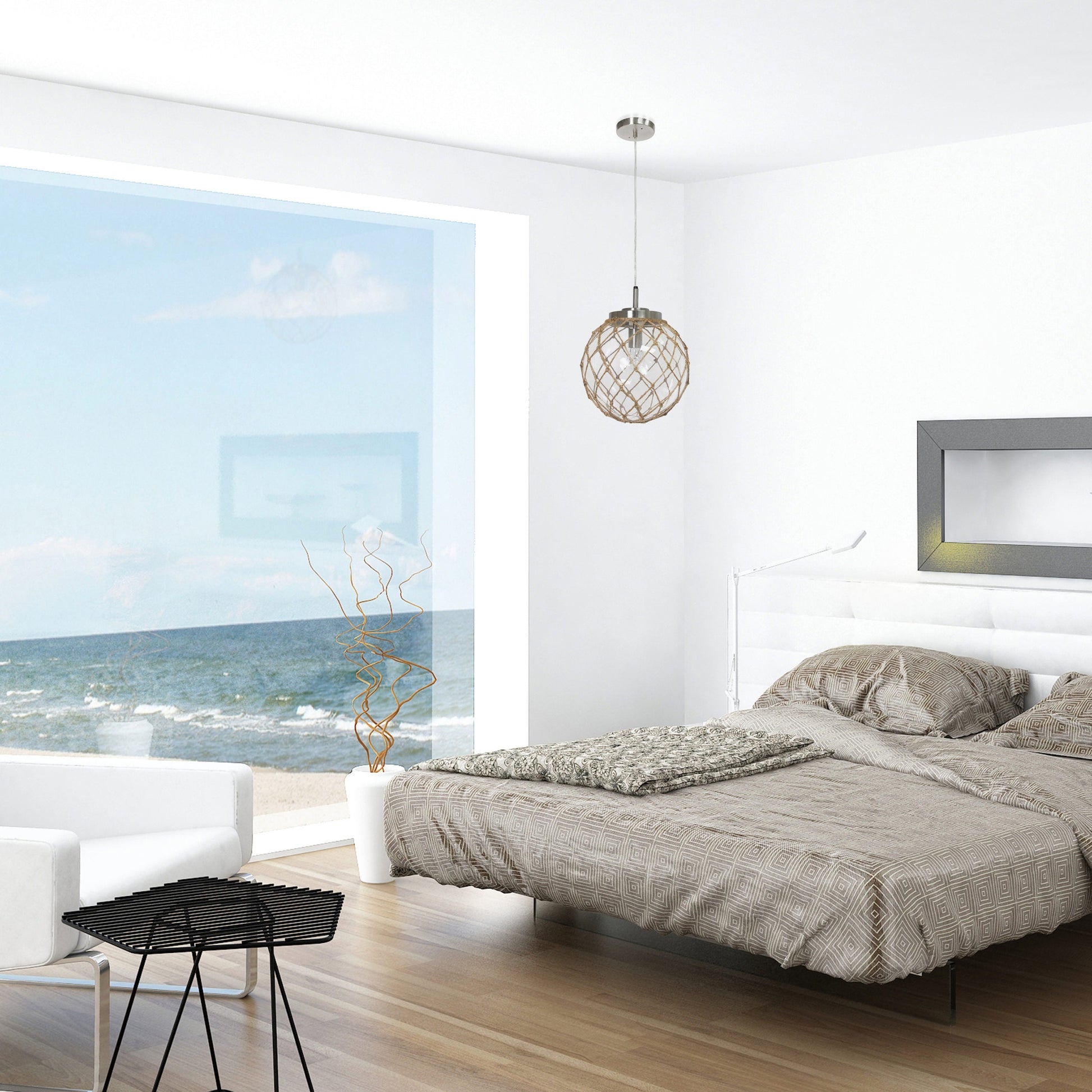 All The Rages Elegant Designs Ocean Sea Clear Glass & Brushed Nickel Coastal Pendant Light With Buoy Netted Natural Rope