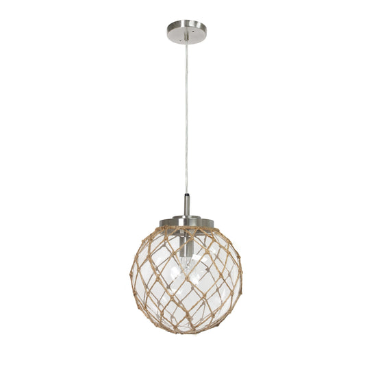 All The Rages Elegant Designs Ocean Sea Clear Glass & Brushed Nickel Coastal Pendant Light With Buoy Netted Natural Rope