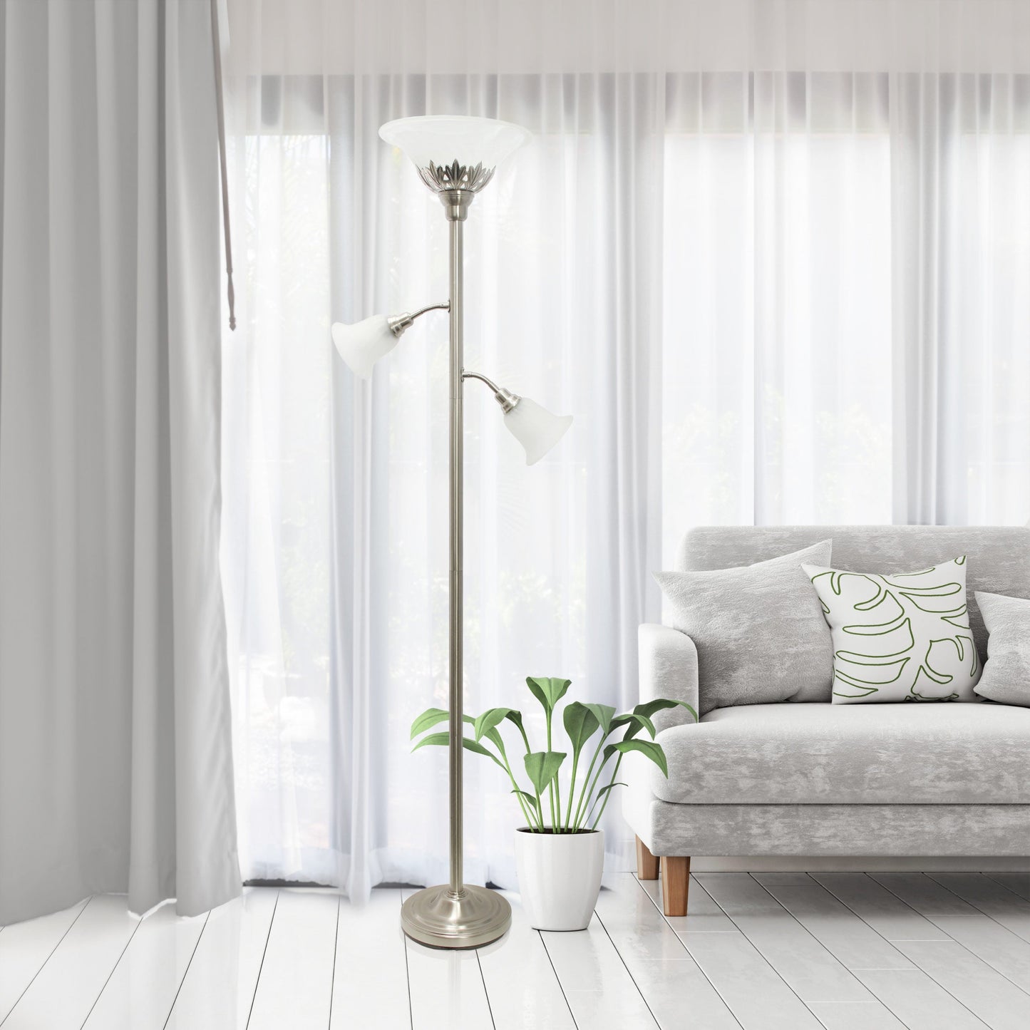 All The Rages Elegant Designs Scalloped Glass Shades With Brushed Nickel Finish 3-Light Floor Lamp