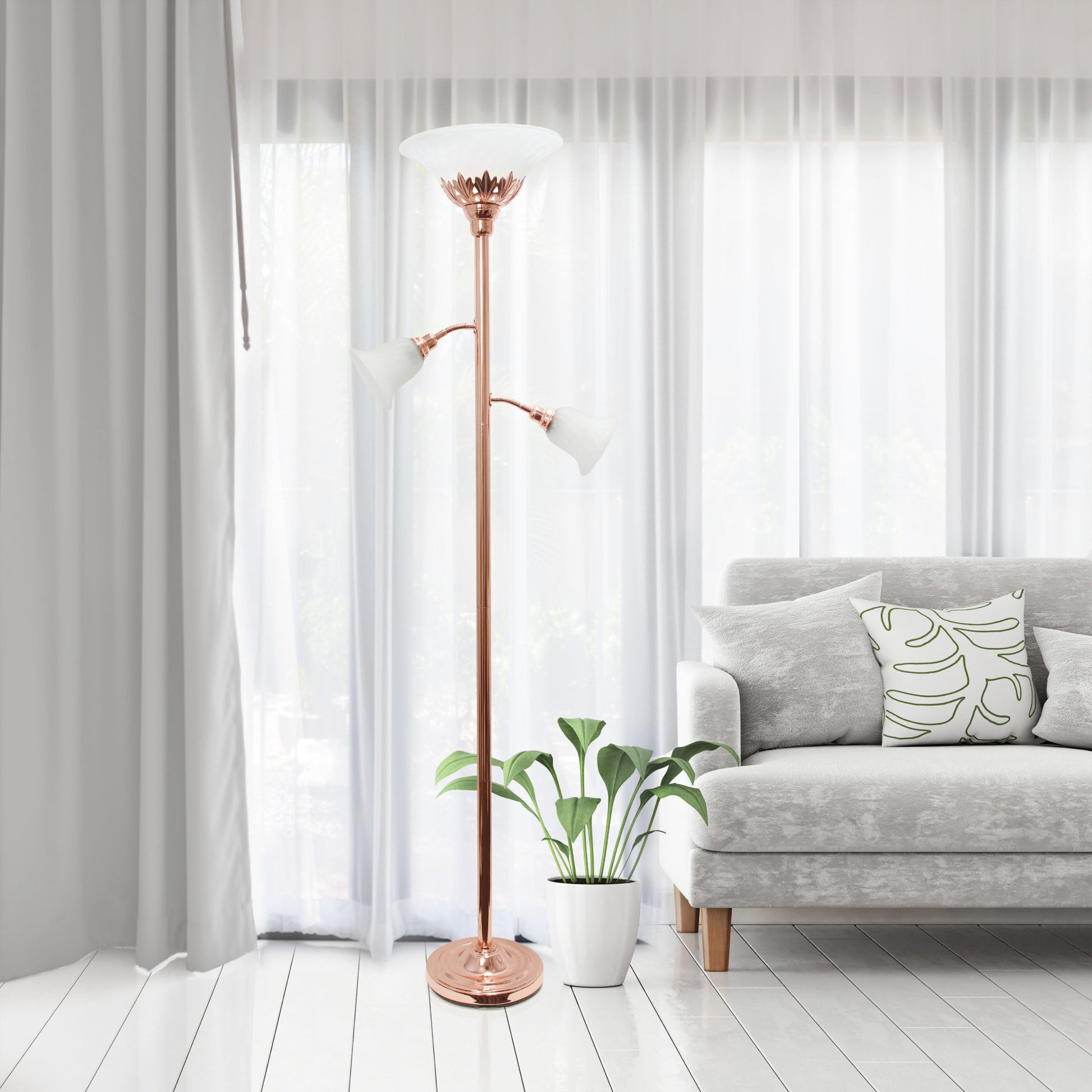 All The Rages Elegant Designs Scalloped Glass Shades With Rose Gold Finish 3-Light Floor Lamp