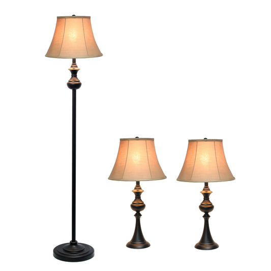 All The Rages Elegant Designs Tan Shades And Restoration Bronze Finish Traditionally Crafted 3-Piece Lamp Set With 2 Table Lamps & 1 Floor Lamp