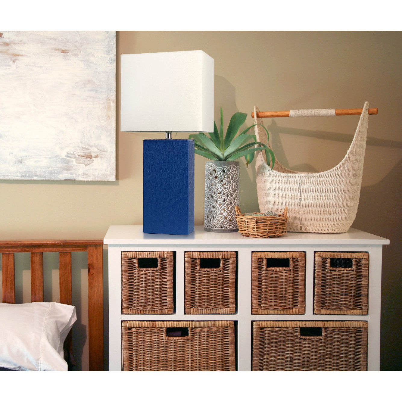 All The Rages Elegant Designs White Fabric Shade And Blue Finish Modern Leather Table Lamp